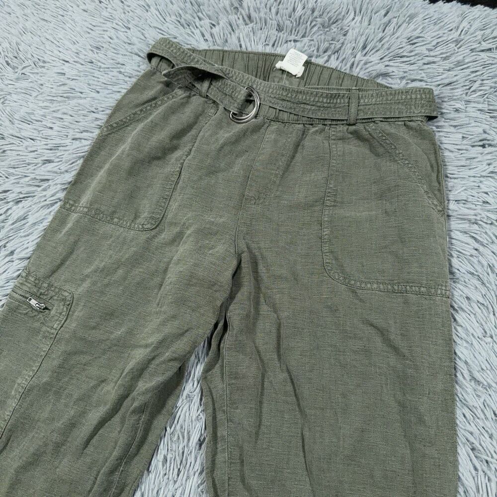 Nicole Miller Pants Medium Green Cargo Linen Blend Relaxed Straight Leg Womens